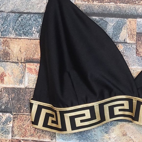 Geo Gold Trim Spaghetti Strap Crop Top Black Bralette - Elevate Your Style - Picture 2 of 9